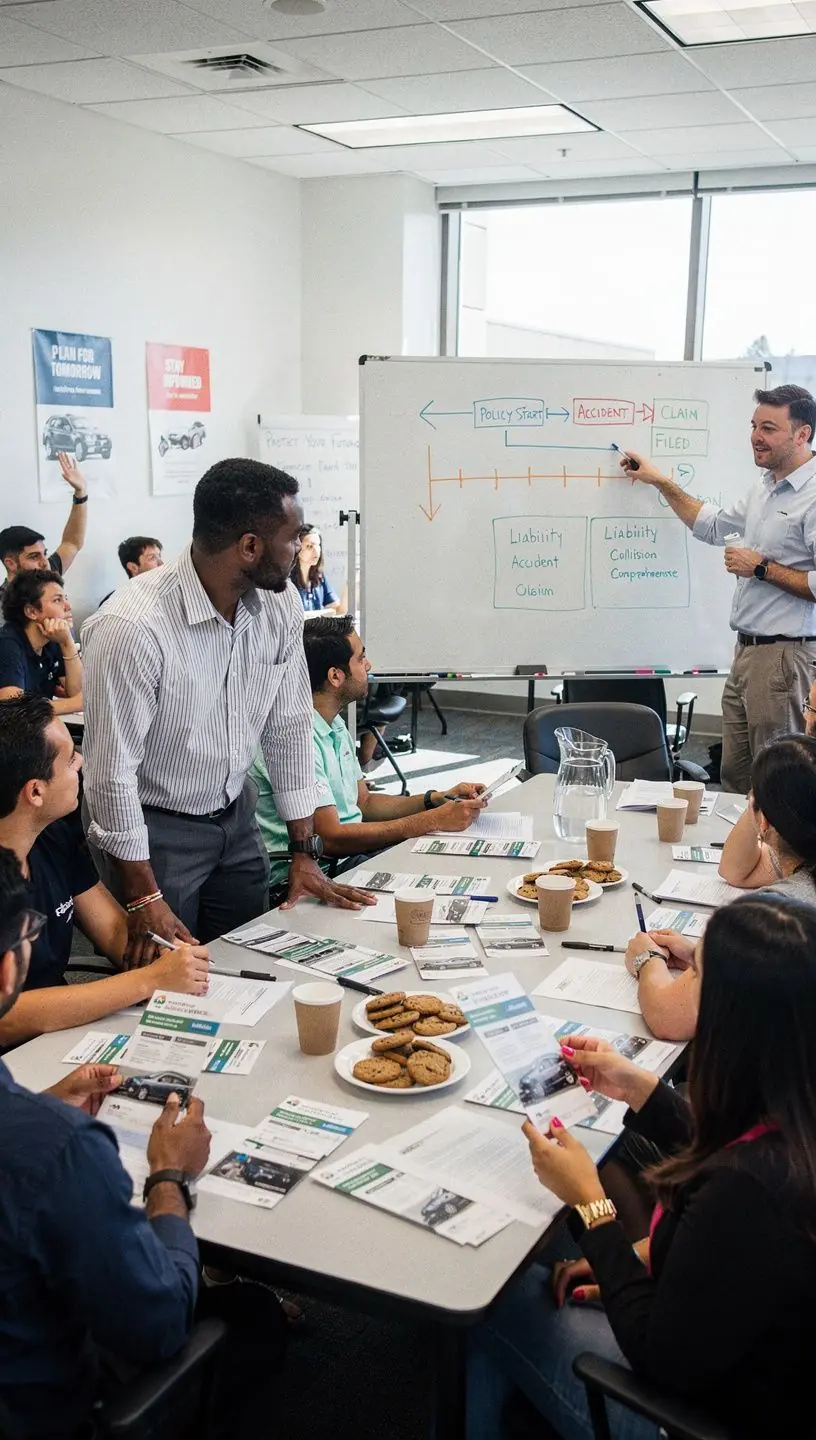 Kreatywne studio z grafikami ilustrującymi proces odnawiania ubezpieczenia.