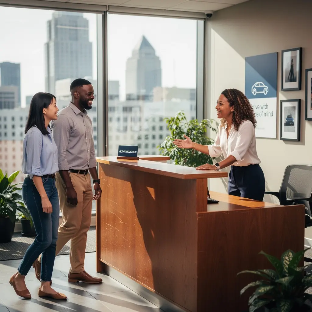 Grupa młodych ludzi omawiająca szczegóły ubezpieczenia samochodowego w przyjaznej atmosferze.