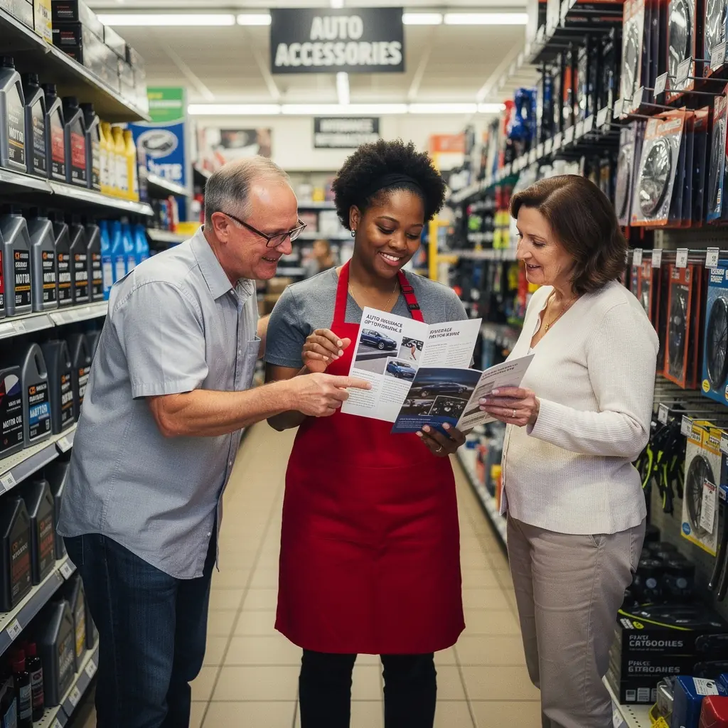 Studencka grupa dyskutująca o opcjach ubezpieczenia samochodu w nowoczesnym biurze.
